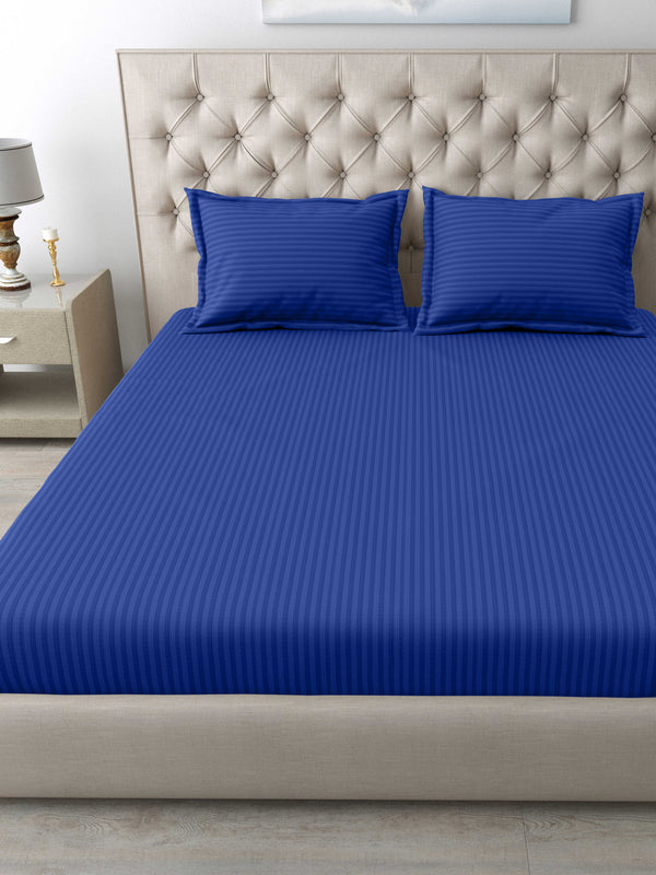 Italian Stripe King Size Bedsheet with 2 Pillow Covers | 210 TC Pure Cotton | Dark Blue