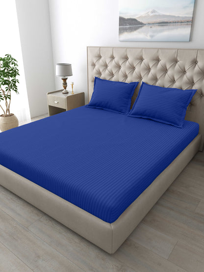 Italian Stripe King Size Bedsheet with 2 Pillow Covers | 210 TC Pure Cotton | Dark Blue