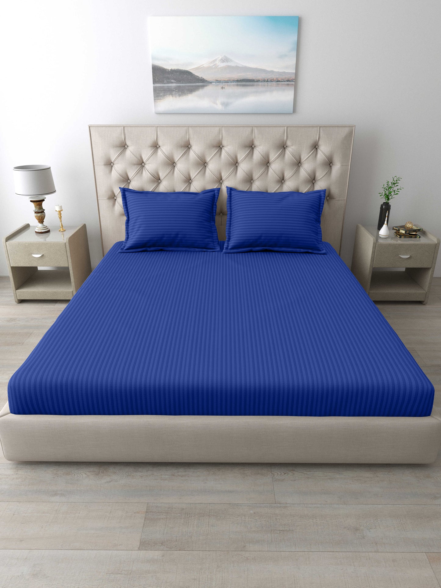 Italian Stripe King Size Bedsheet with 2 Pillow Covers | 210 TC Pure Cotton | Dark Blue