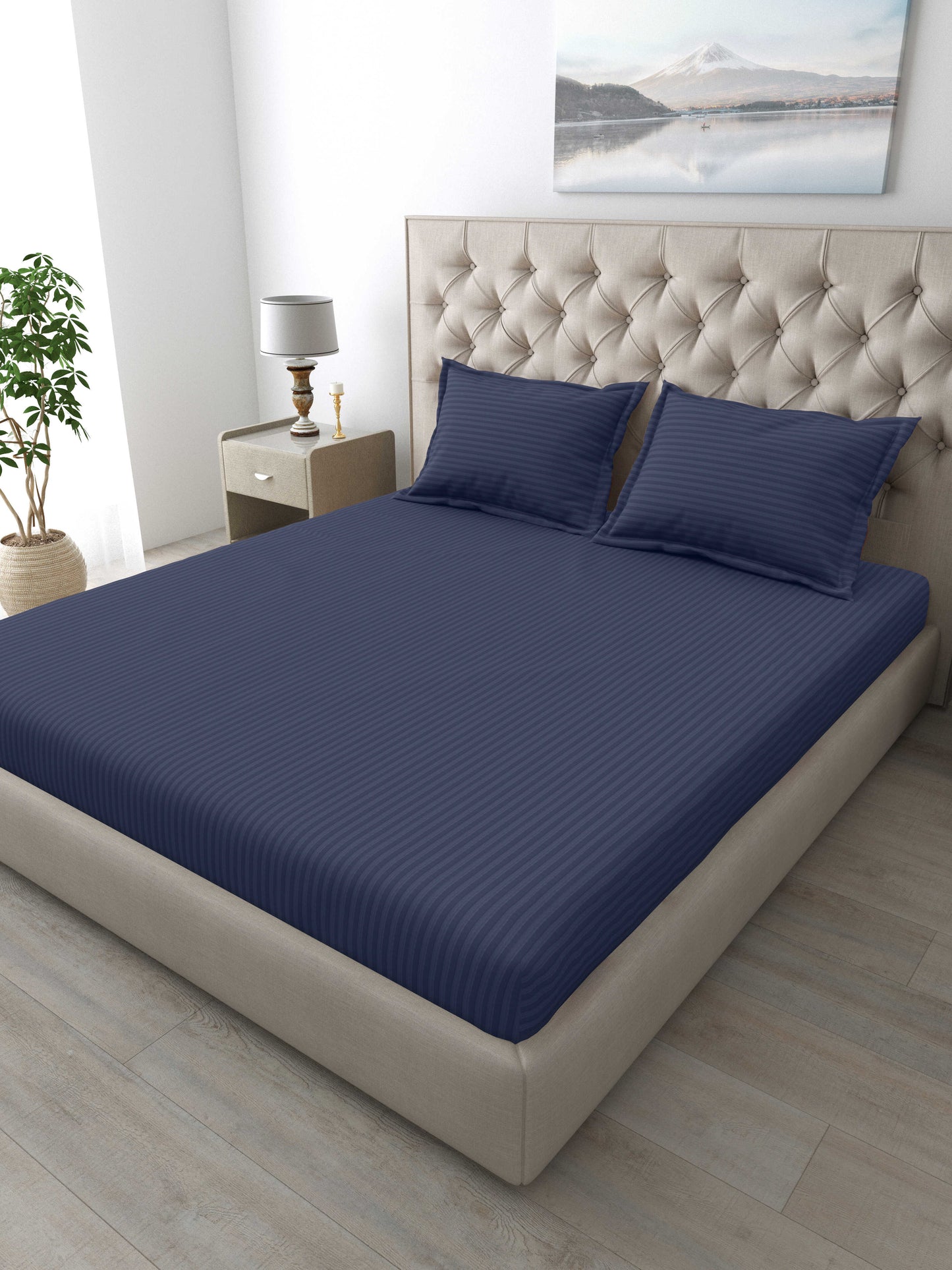 Italian Stripe King Size Bedsheet with 2 Pillow Covers | 210 TC Pure Cotton | Blue