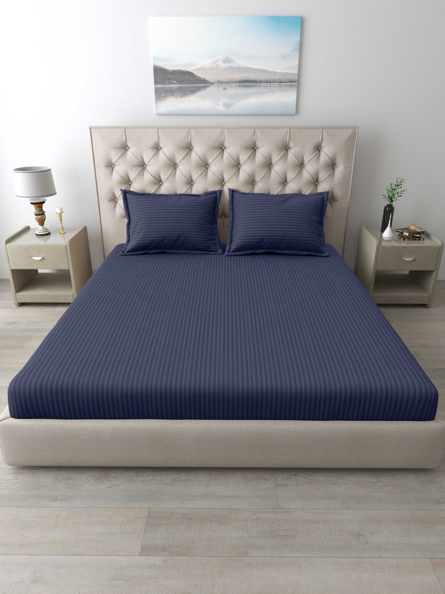 Italian Stripe King Size Bedsheet with 2 Pillow Covers | 210 TC Pure Cotton | Blue