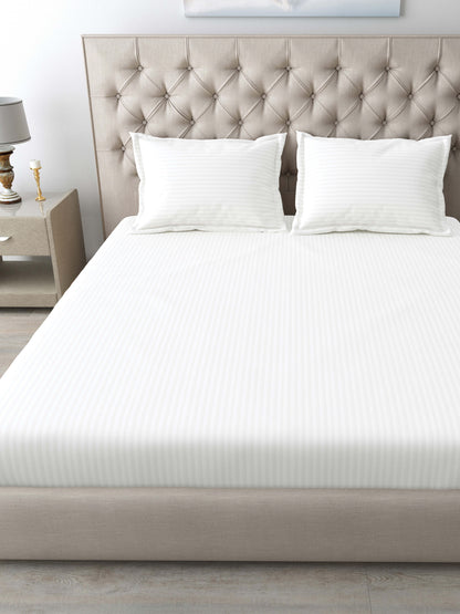 Italian Stripe King Size Bedsheet with 2 Pillow Covers | 210 TC Pure Cotton | White