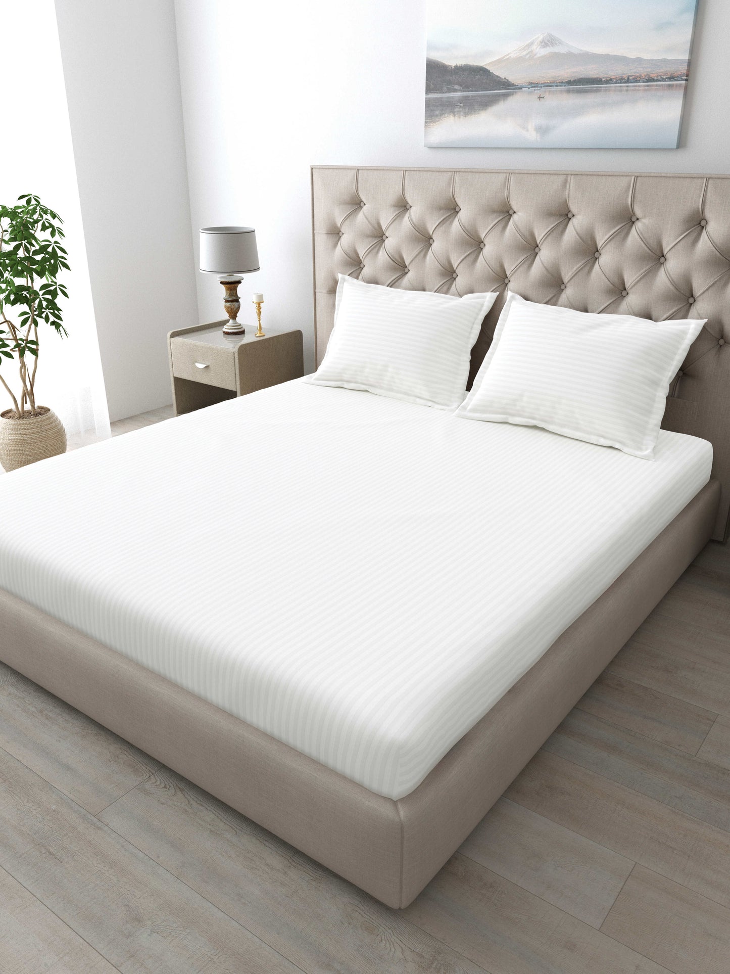 Italian Stripe King Size Bedsheet with 2 Pillow Covers | 210 TC Pure Cotton | White