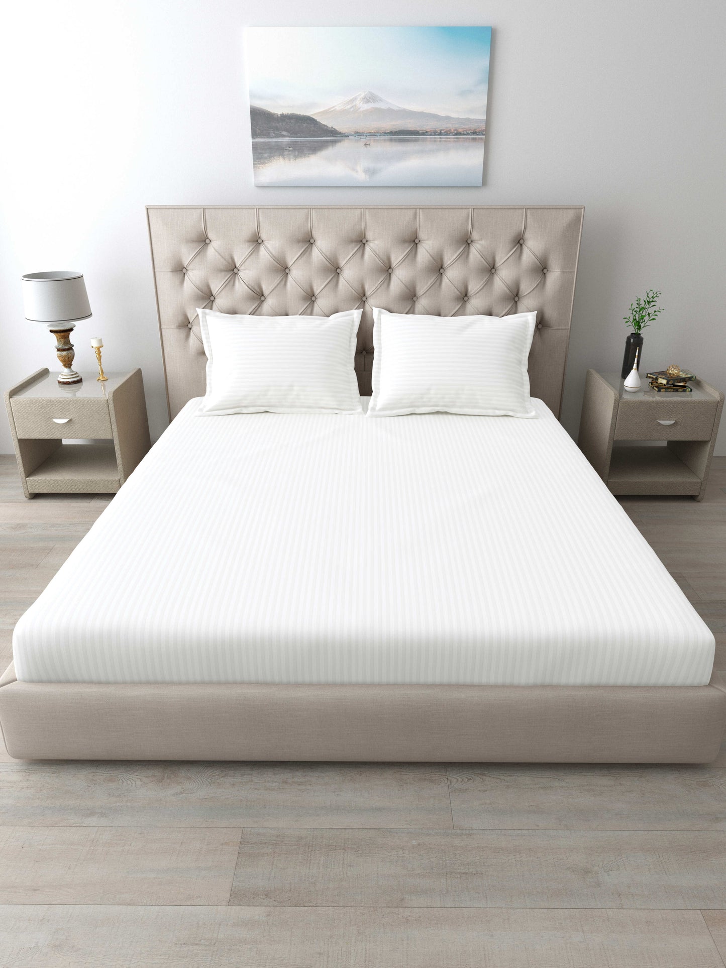 Italian Stripe King Size Bedsheet with 2 Pillow Covers | 210 TC Pure Cotton | White
