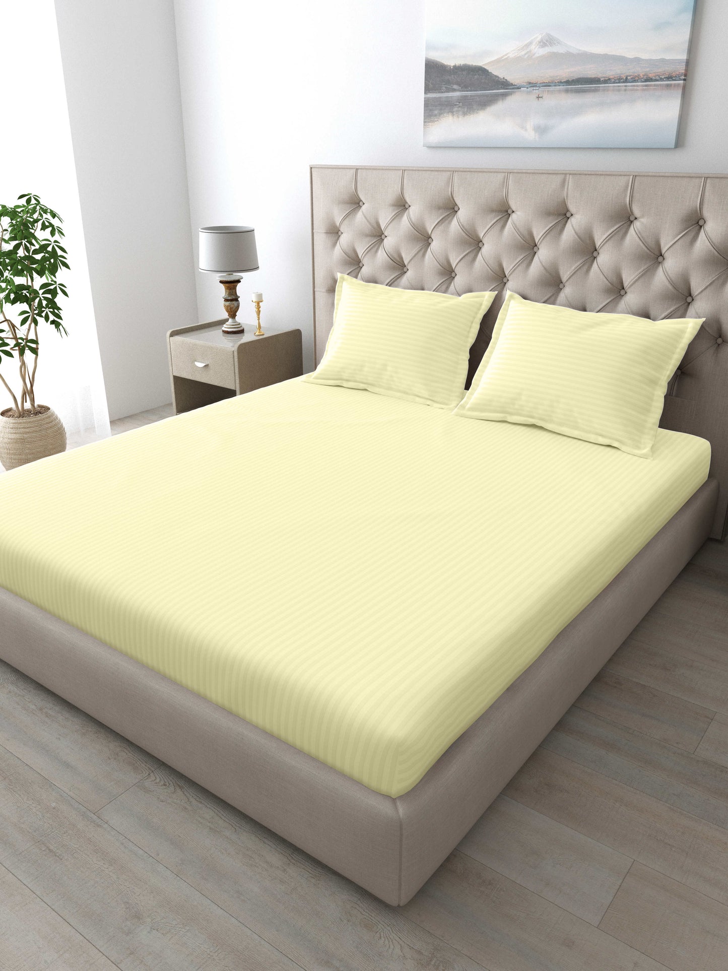 Italian Stripe King Size Bedsheet with 2 Pillow Covers | 210 TC Pure Cotton | Cream