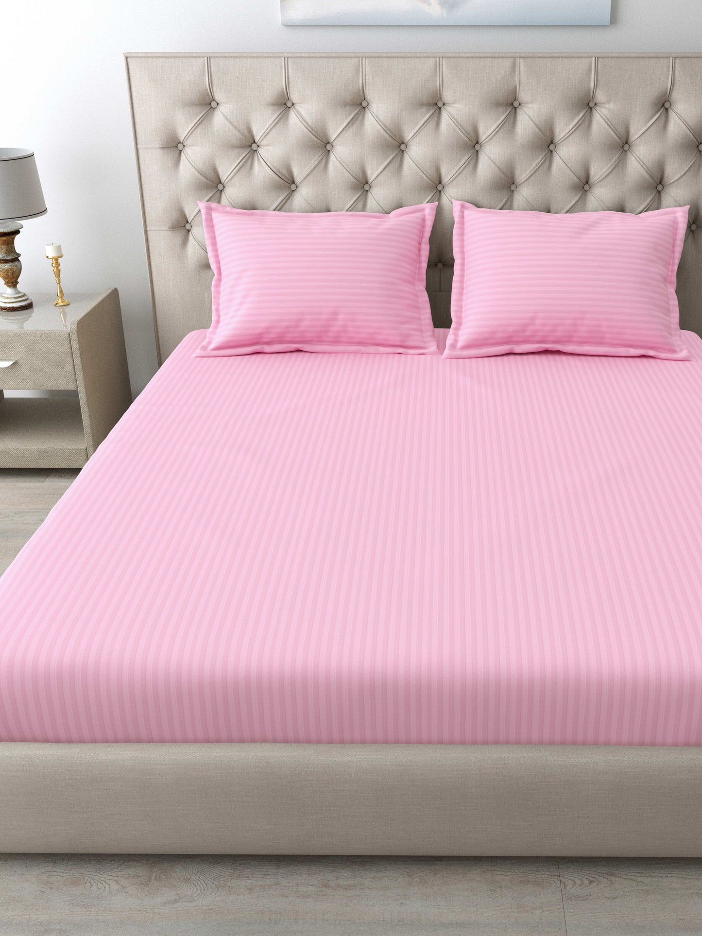 Italian Stripe King Size Bedsheet with 2 Pillow Covers | 210 TC Pure Cotton | Pink