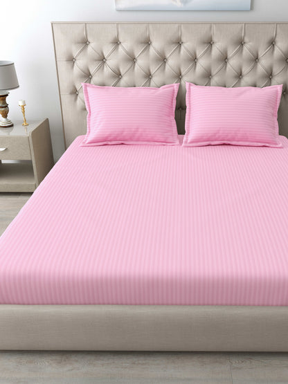 Italian Stripe King Size Bedsheet with 2 Pillow Covers | 210 TC Pure Cotton | Pink