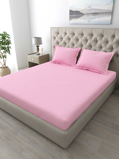 Italian Stripe King Size Bedsheet with 2 Pillow Covers | 210 TC Pure Cotton | Pink