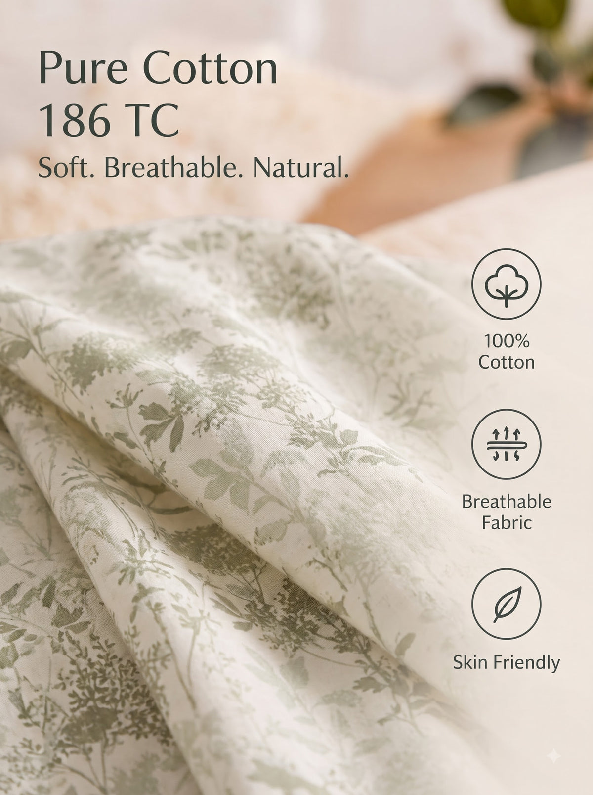 Corsica 186 TC Cotton King Size Bedsheet | 108x108 inches | Soft & Breathable Fabric | Flat Sheet with 2 Pillow Covers