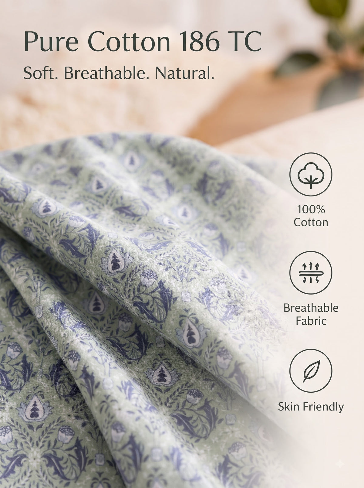 Corsica 186 TC Cotton King Size Bedsheet | 108x108 inches | Soft & Breathable Fabric | Flat Sheet with 2 Pillow Covers