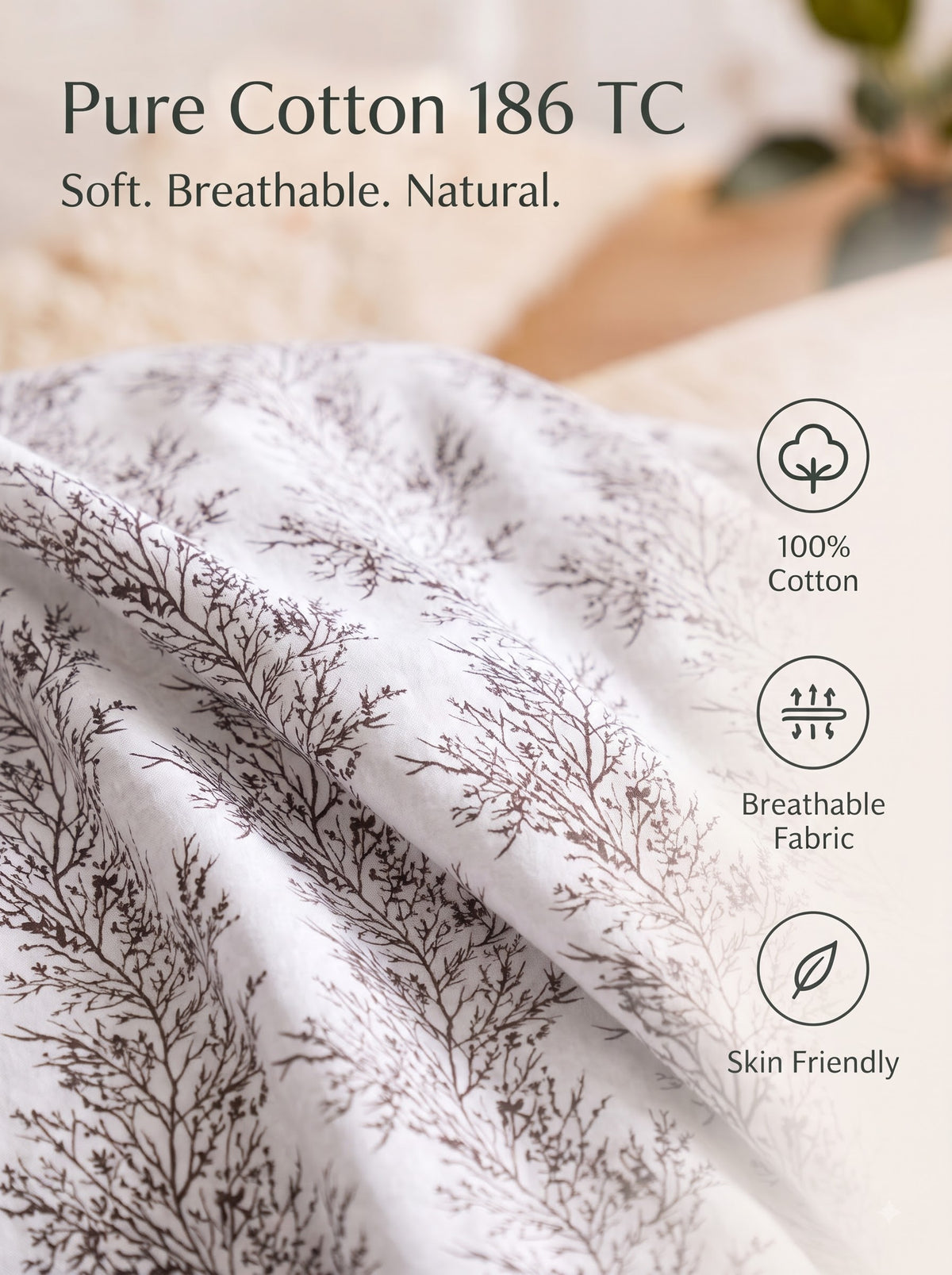 Corsica 186 TC Cotton King Size Bedsheet | 108x108 inches | Soft & Breathable Fabric | Flat Sheet with 2 Pillow Covers