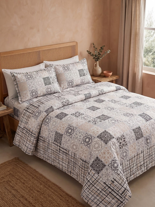Jaipuri Printed Queen Size Cotton Bedsheet with 2 Pillow Covers | 144 TC | 90 x 108 Inches | Black White