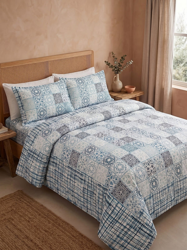 Jaipuri Traditional Queen Size Cotton Bedsheet with 2 Pillow Covers | 144 TC Weave | 90 x 108 Inches | Soft Fabric | Sapphire