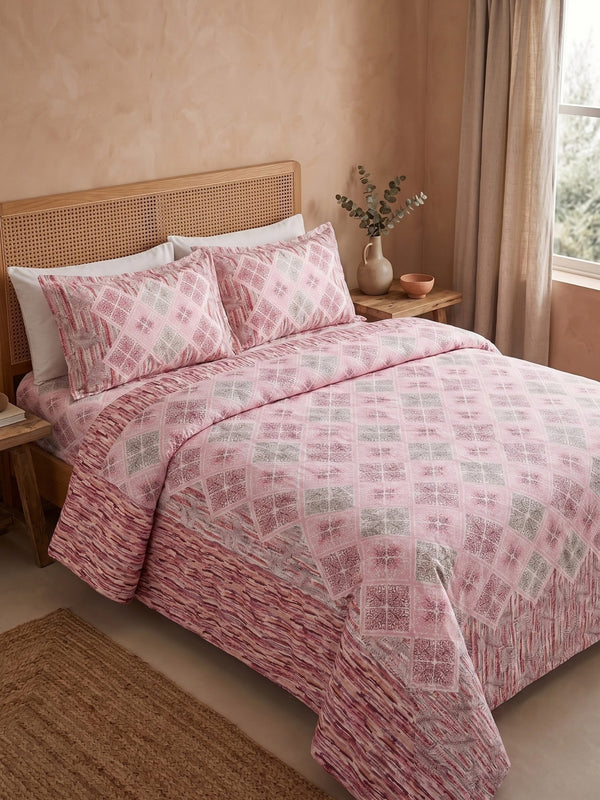 Jaipuri Traditional Print Queen Size Bedsheet with 2 Pillow Covers | 144 TC Cotton | 90 x 108 Inches |Flesh Pink