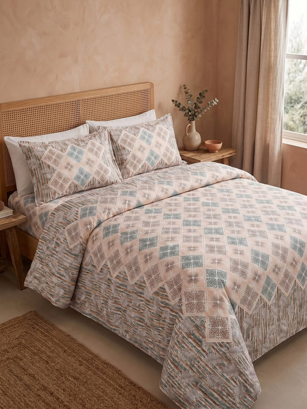Jaipuri Traditional Print Queen Size Cotton Bedsheet Set with 2 Pillow Covers | 144 TC | 90 x 108 Inches | Dutch White