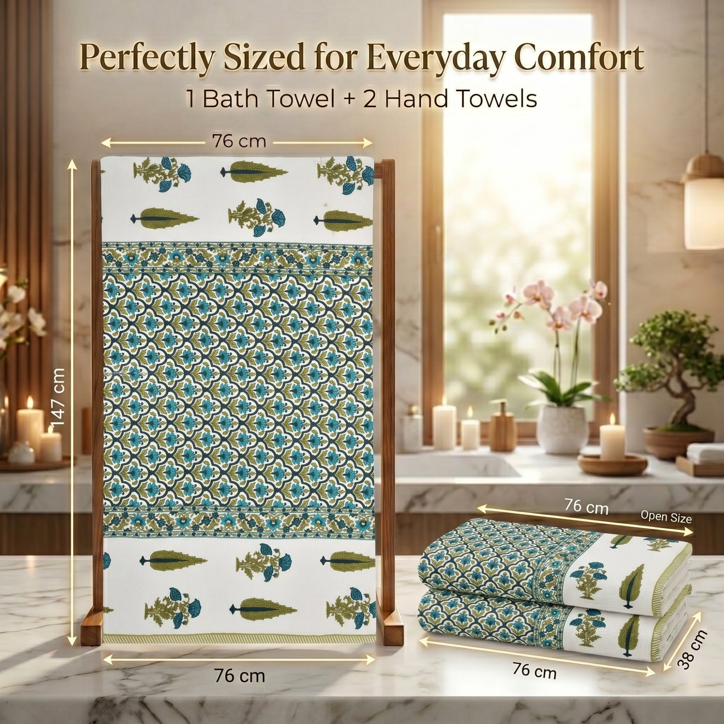 250 GSM Cotton Bath & Hand Towel Set | 1 Bath + 2 Hand Towels