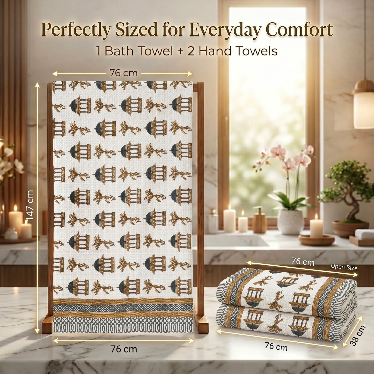 250 GSM Cotton Bath & Hand Towel Set | 1 Bath + 2 Hand Towels