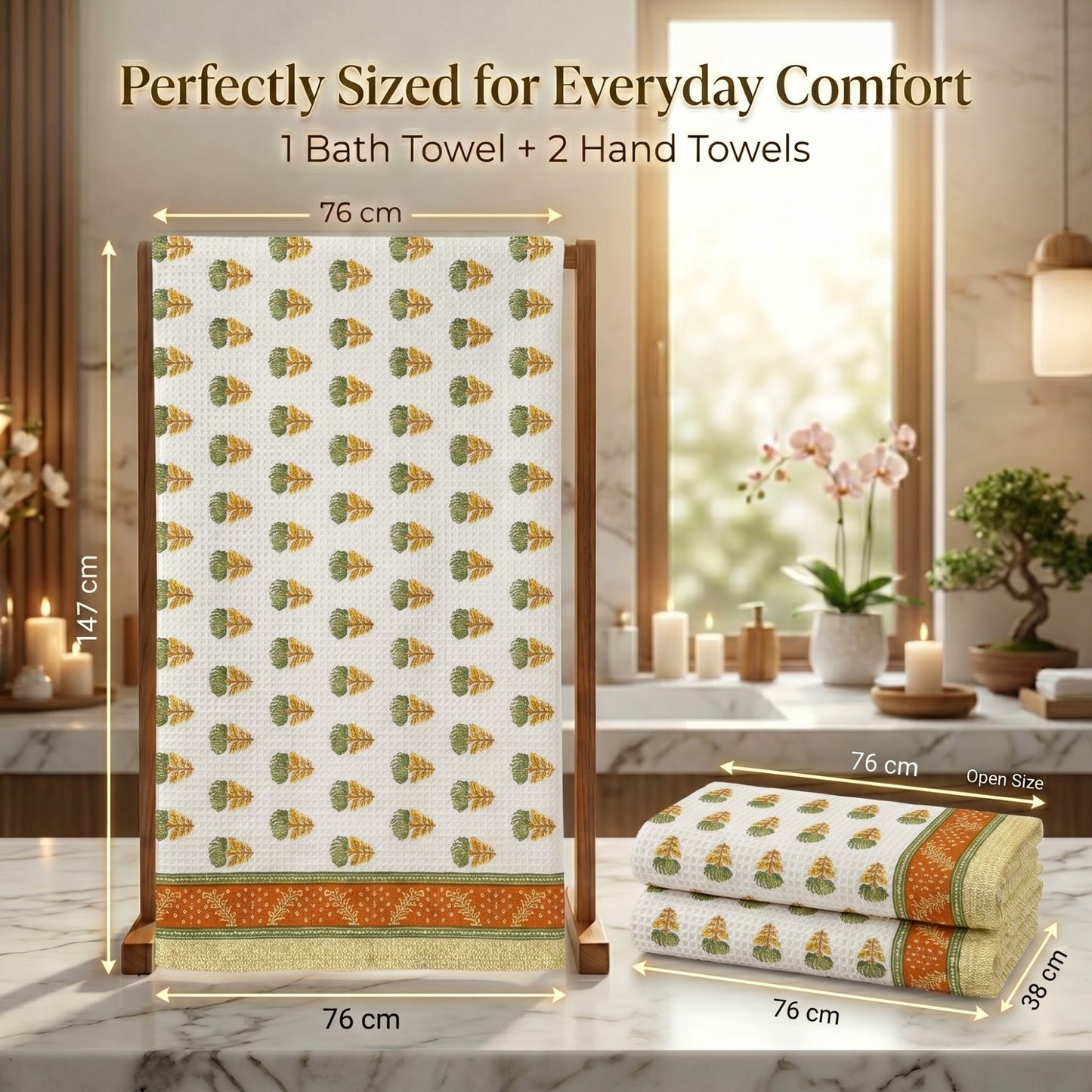 250 GSM Cotton Bath & Hand Towel Set | 1 Bath + 2 Hand Towels
