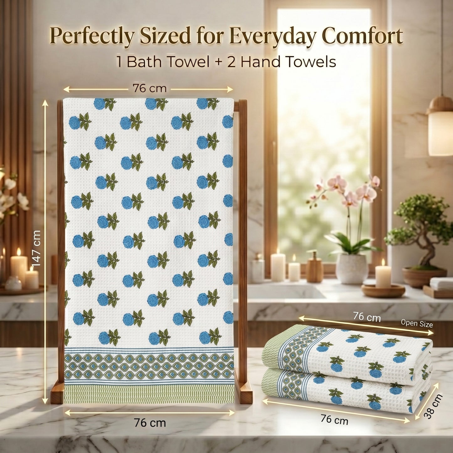 250 GSM Cotton Bath & Hand Towel Set | 1 Bath + 2 Hand Towels