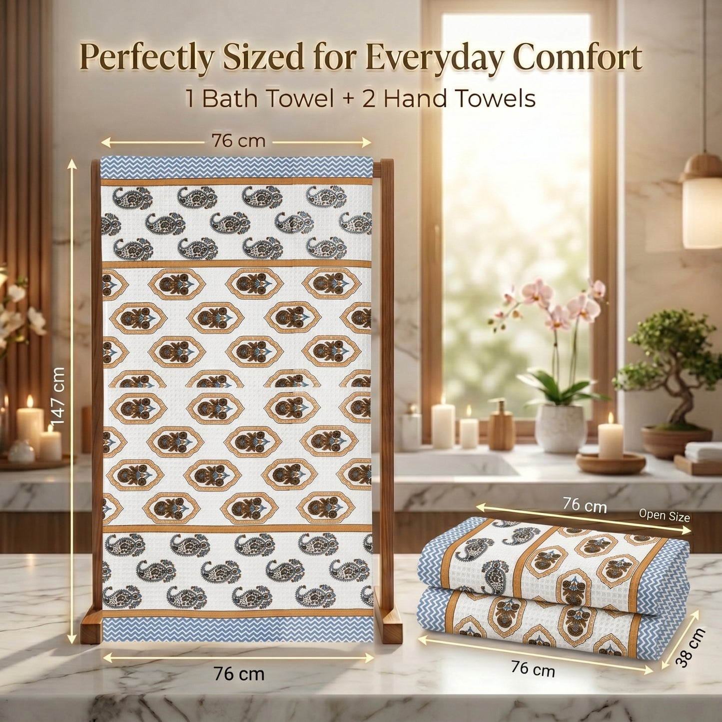250 GSM Cotton Bath & Hand Towel Set | 1 Bath + 2 Hand Towels