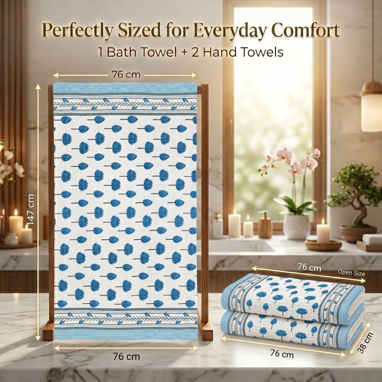 250 GSM Cotton Bath & Hand Towel Set | 1 Bath + 2 Hand Towels