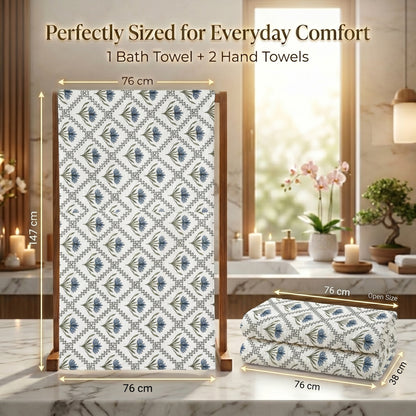 250 GSM Cotton Bath & Hand Towel Set | 1 Bath + 2 Hand Towels