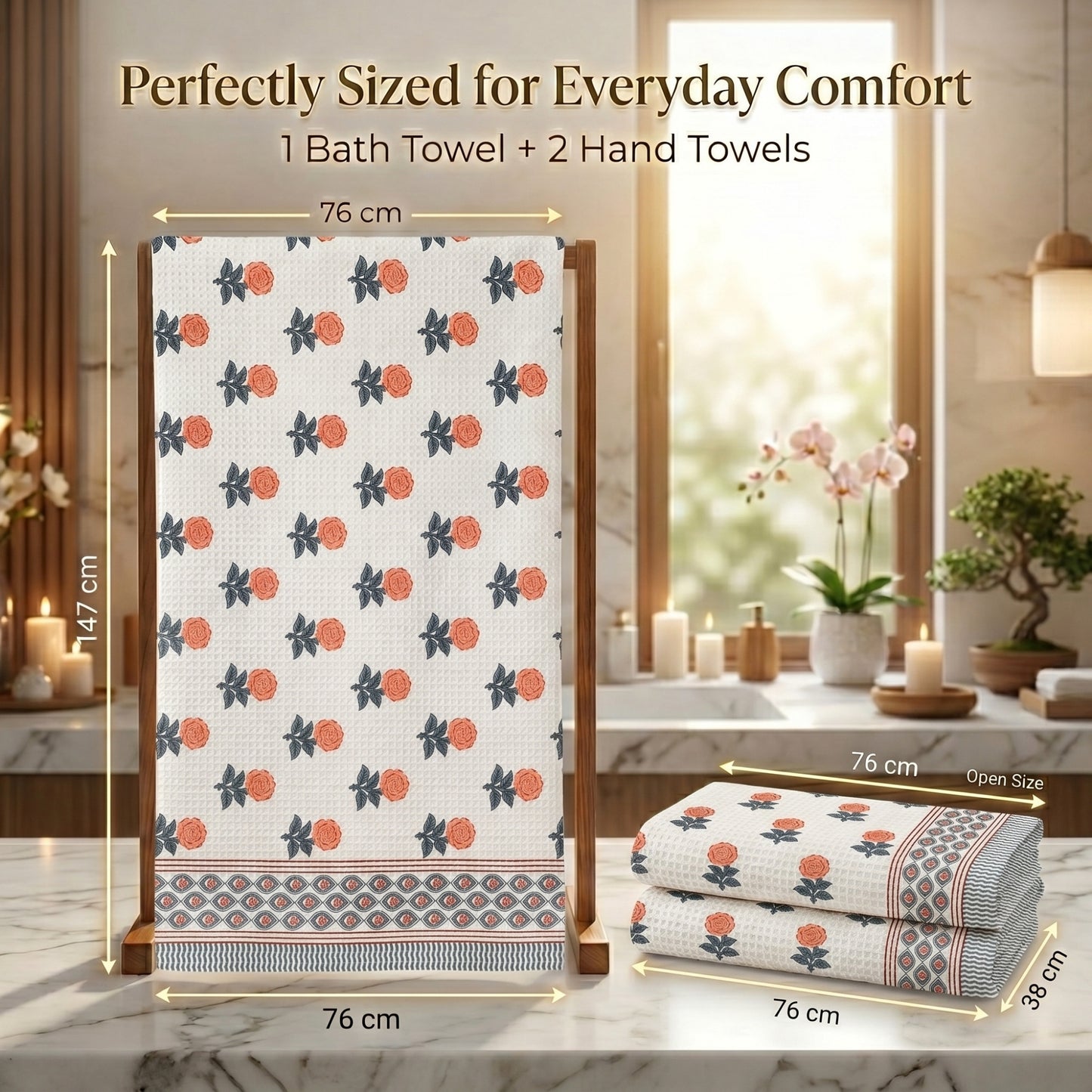 250 GSM Cotton Bath & Hand Towel Set | 1 Bath + 2 Hand Towels