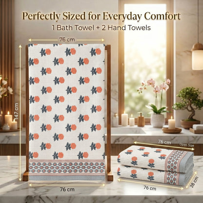 250 GSM Cotton Bath & Hand Towel Set | 1 Bath + 2 Hand Towels