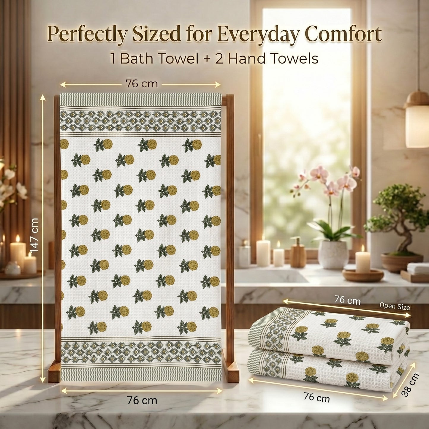 250 GSM Cotton Bath & Hand Towel Set | 1 Bath + 2 Hand Towels