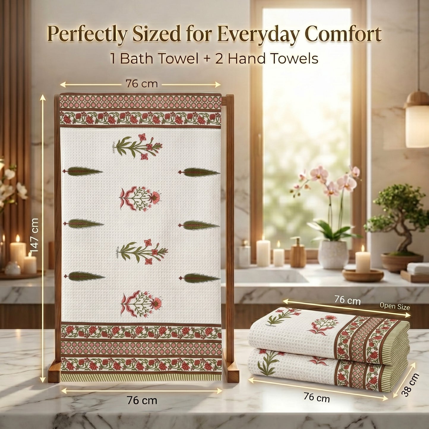 250 GSM Cotton Bath & Hand Towel Set | 1 Bath + 2 Hand Towels