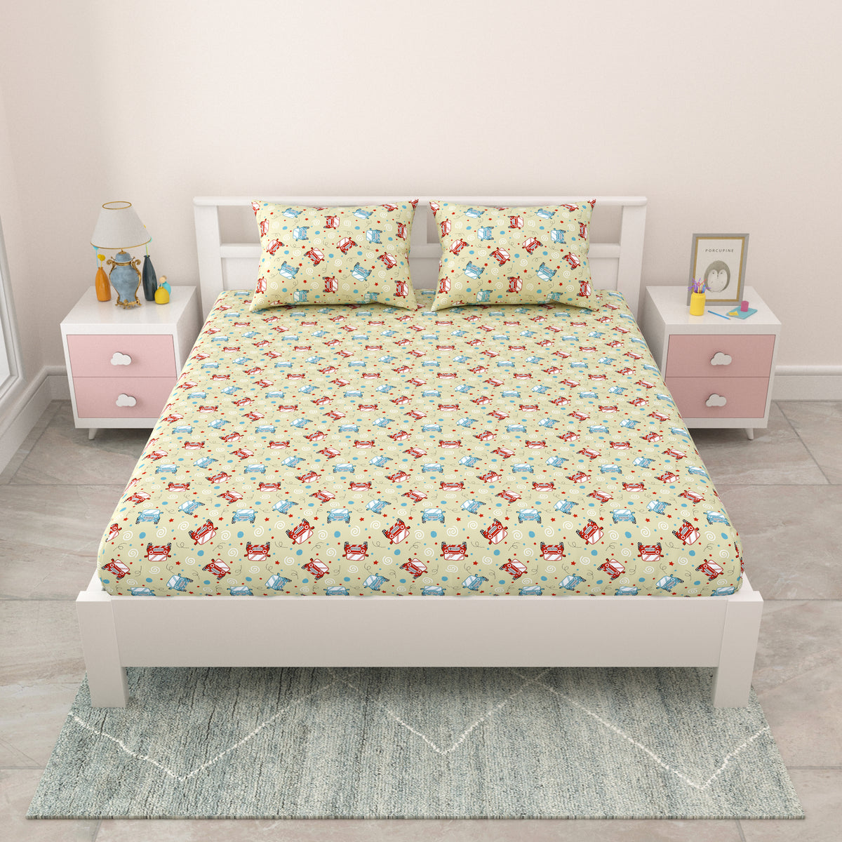 Kids Double Bedsheet 144 TC | 90x100 Inches | Pure Cotton | Cartoon Print | 2 Pillow Covers