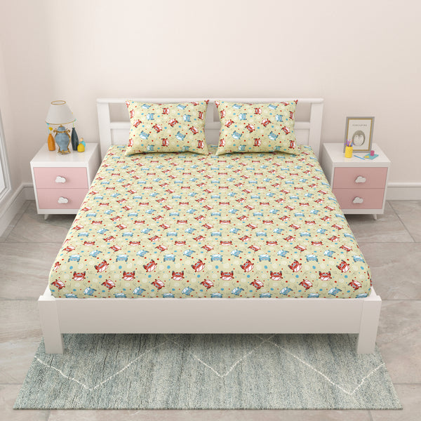 Kids Double Bedsheet 144 TC | 90x100 Inches | Pure Cotton | Cartoon Print | 2 Pillow Covers