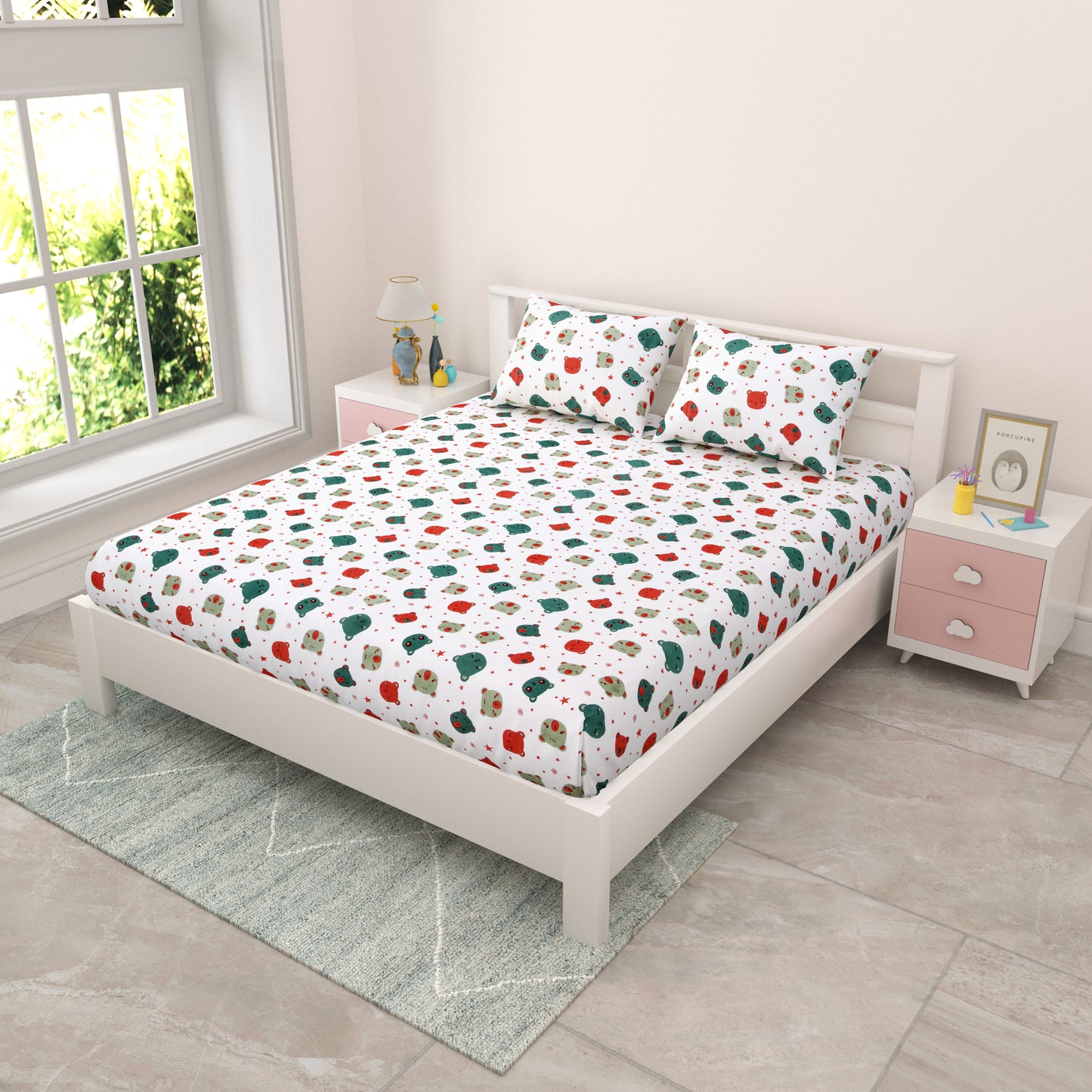 Kids Double Bedsheet 144 TC | 90x100 Inches | Pure Cotton | Cartoon Print | 2 Pillow Covers