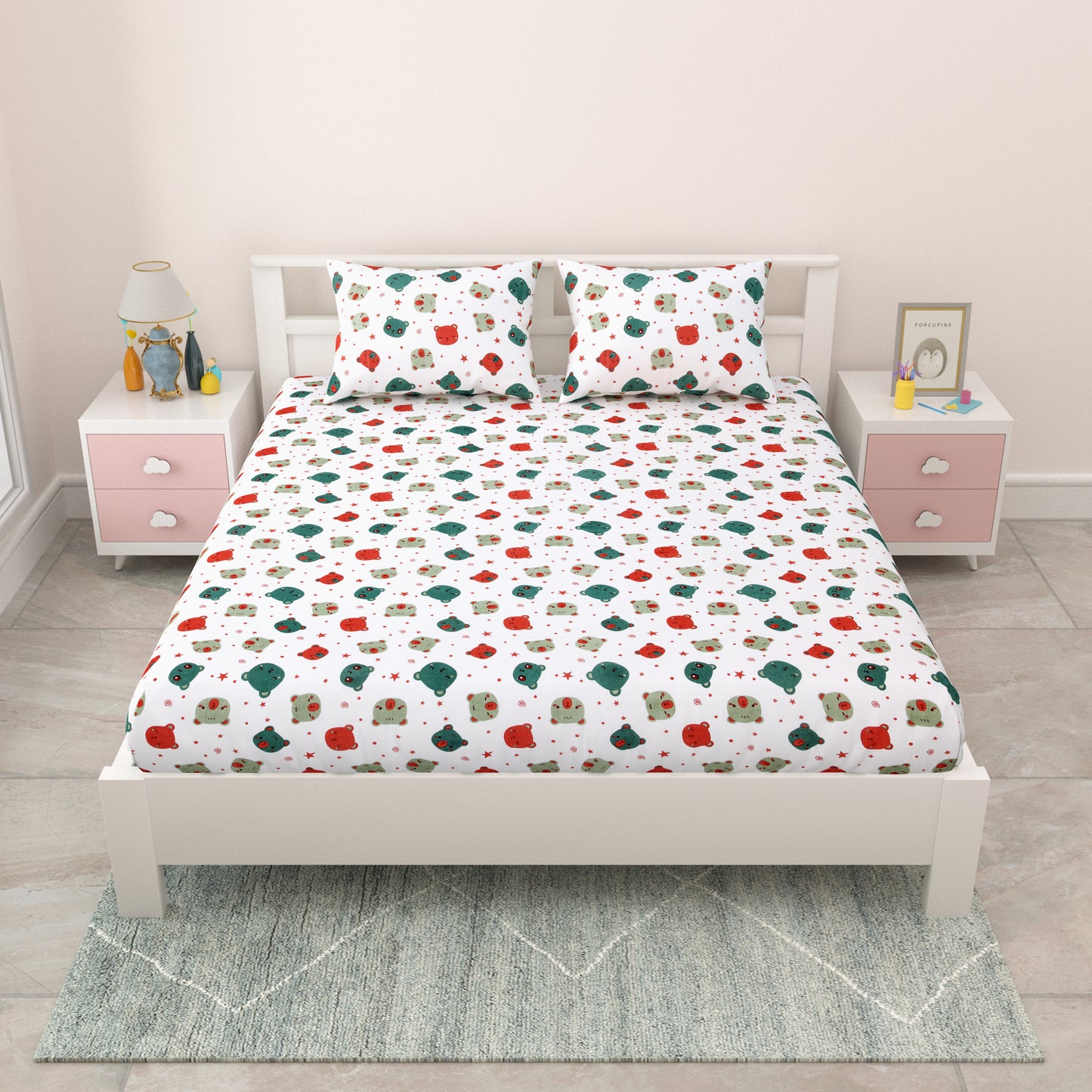 Kids Double Bedsheet 144 TC | 90x100 Inches | Pure Cotton | Cartoon Print | 2 Pillow Covers