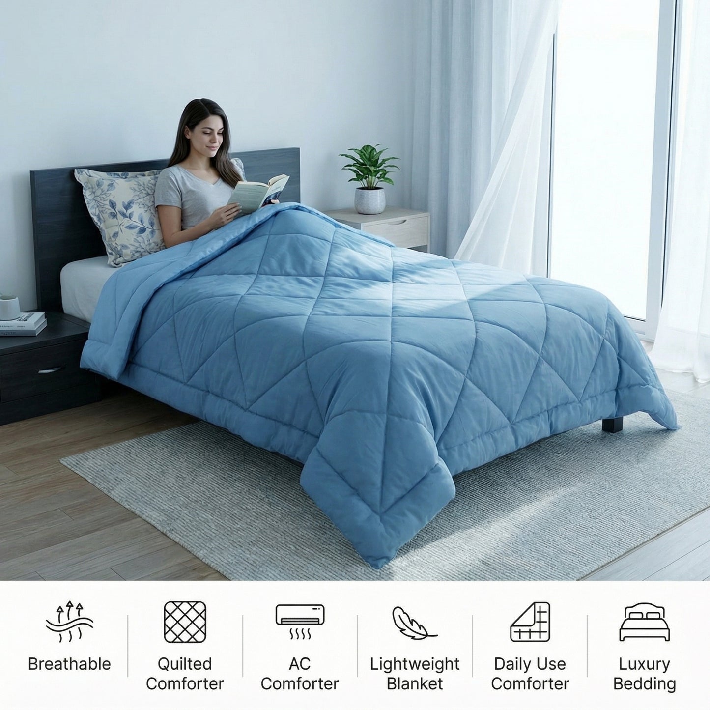 Impress Premium 150 GSM Quilted Solid Comforter for Single Bed | 60 x 90 Inch | Cool Lagoon Blue