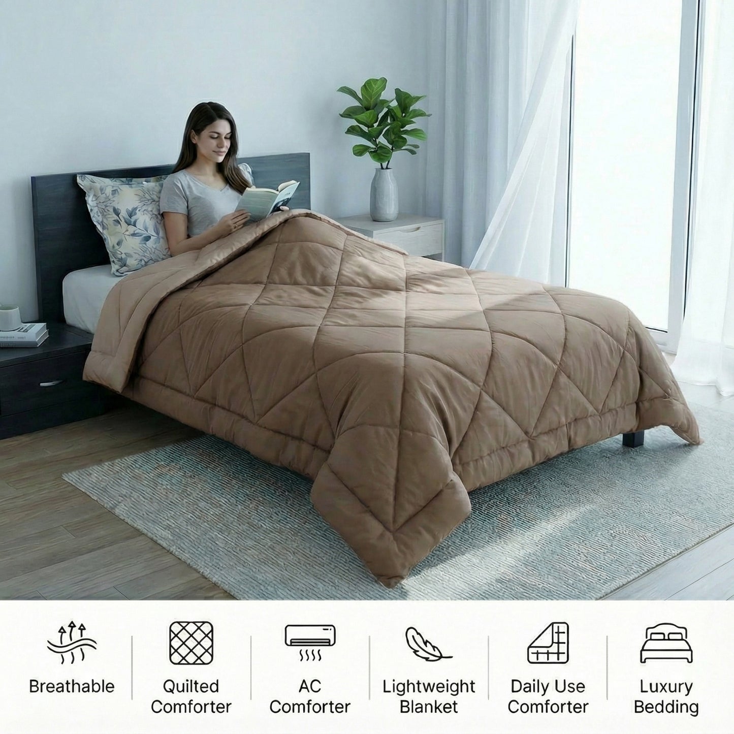 Impress Premium 150 GSM Quilted Solid Comforter for Single Bed | 60 x 90 Inch | Almond Brown
