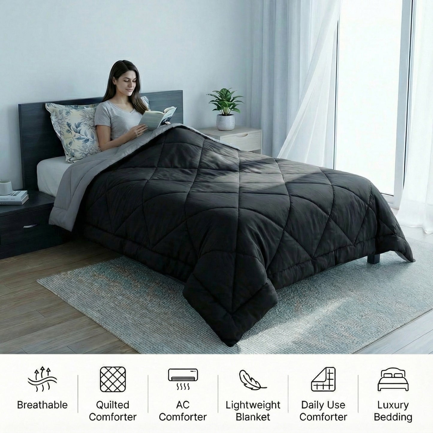 Impress Premium 150 GSM Quilted Solid Comforter for Single Bed | 60 x 90 Inch | Raven Black