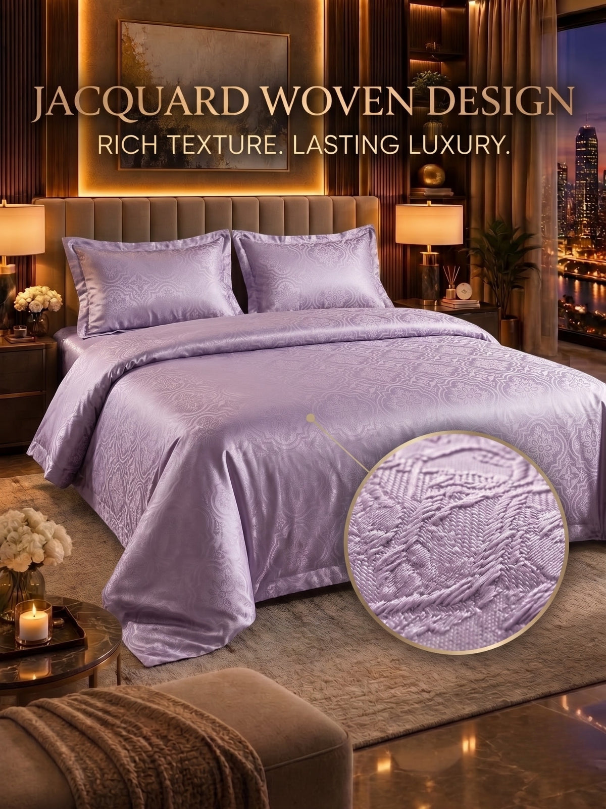 Signature 100% Cotton Luxury King Size Bedsheet | 300 TC Premium Jacquard Weave | 108 x 108 Inches| Lavender