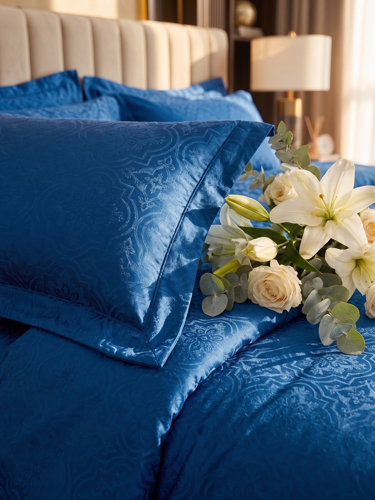 Signature 100% Cotton Luxury King Size Bedsheet | 300 TC Premium Jacquard Weave | 108 x 108 Inches| Blue