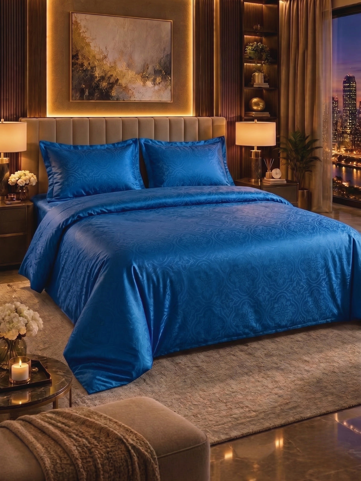 Signature 100% Cotton Luxury King Size Bedsheet | 300 TC Premium Jacquard Weave | 108 x 108 Inches| Blue
