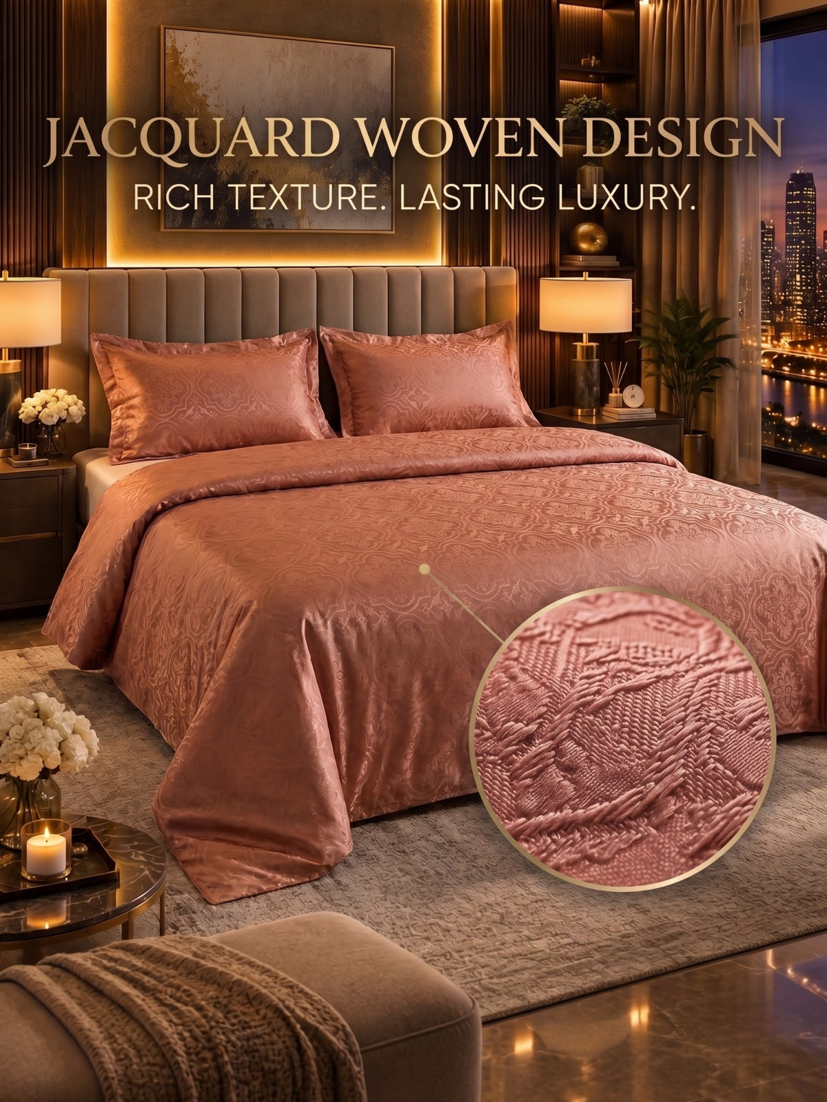 Signature 100% Cotton Luxury King Size Bedsheet | 300 TC Premium Jacquard Weave | 108 x 108 Inches|Copper Brown