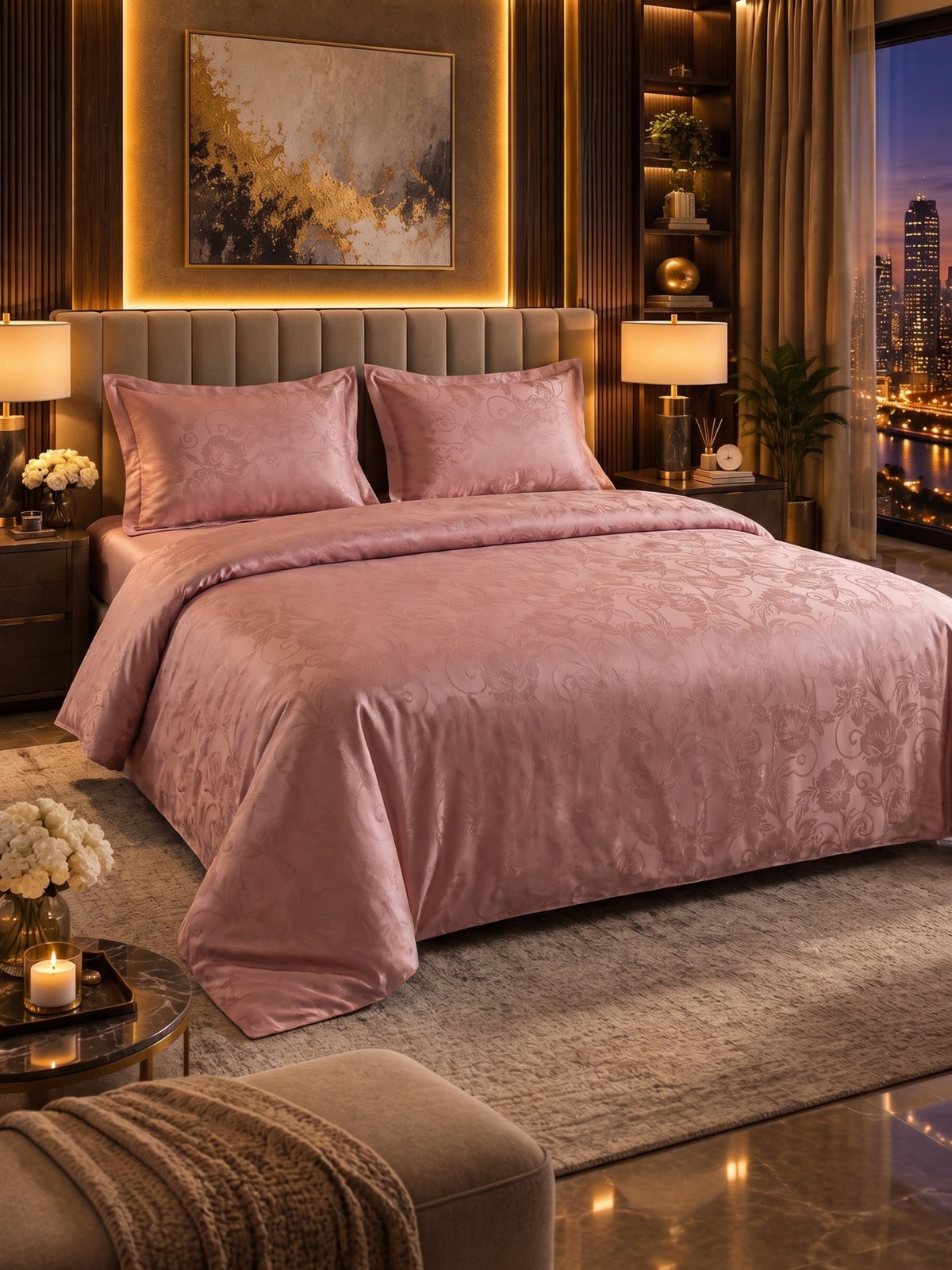 Signature 100% Cotton Luxury King Size Bedsheet | 300 TC Premium Jacquard Weave | 108 x 108 Inches|Light copper