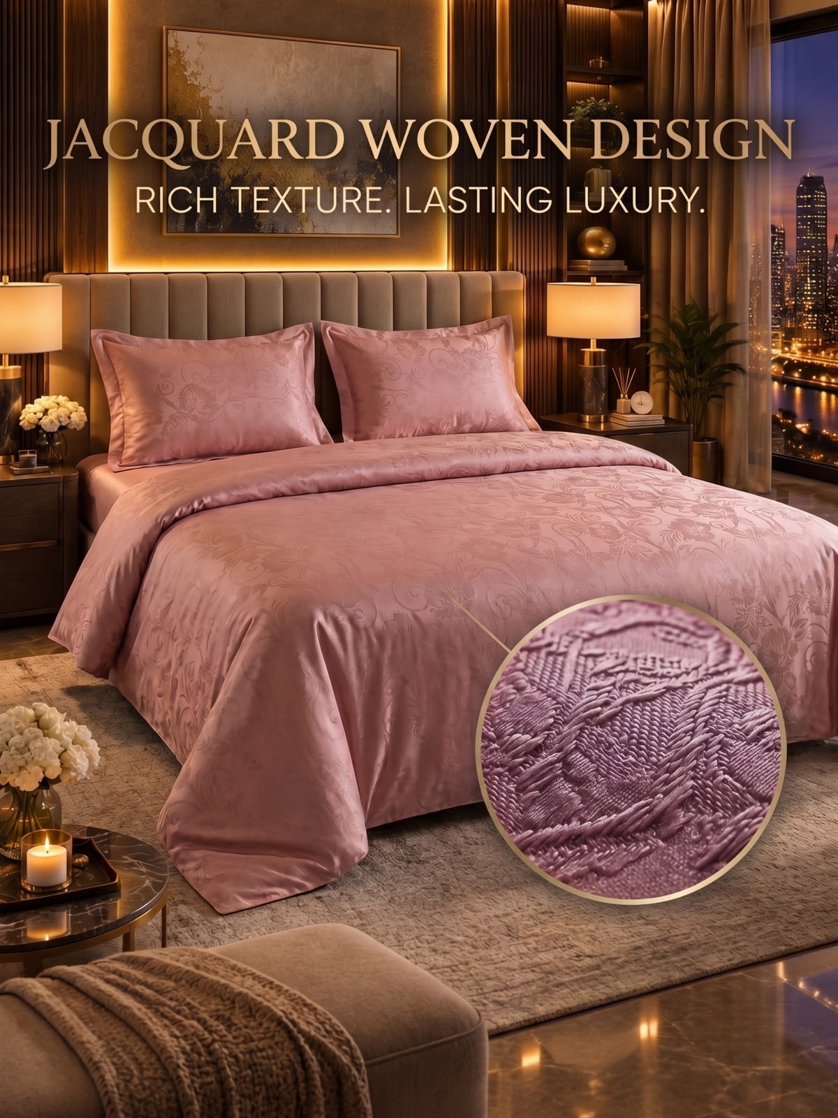 Signature 100% Cotton Luxury King Size Bedsheet | 300 TC Premium Jacquard Weave | 108 x 108 Inches|Light copper