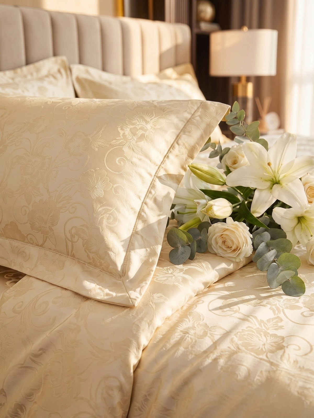 Signature 100% Cotton Luxury King Size Bedsheet | 300 TC Premium Jacquard Weave | 108 x 108 Inches|Gold