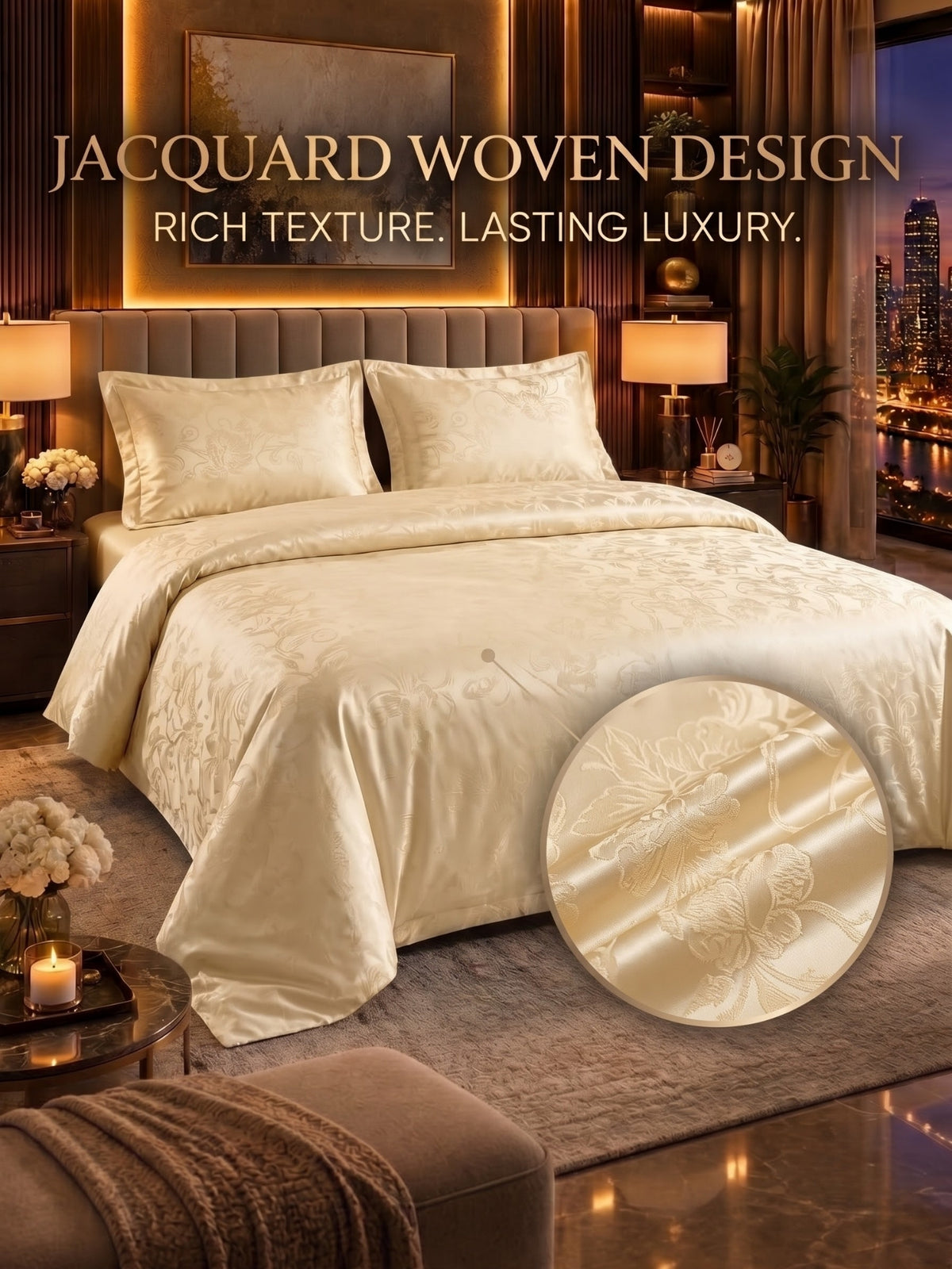 Signature 100% Cotton Luxury King Size Bedsheet | 300 TC Premium Jacquard Weave | 108 x 108 Inches|Gold