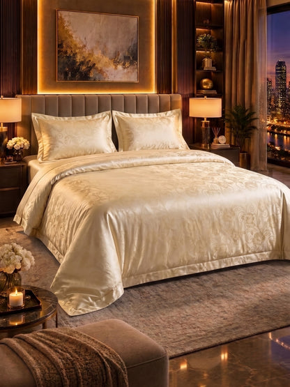 Signature 100% Cotton Luxury King Size Bedsheet | 300 TC Premium Jacquard Weave | 108 x 108 Inches|Gold