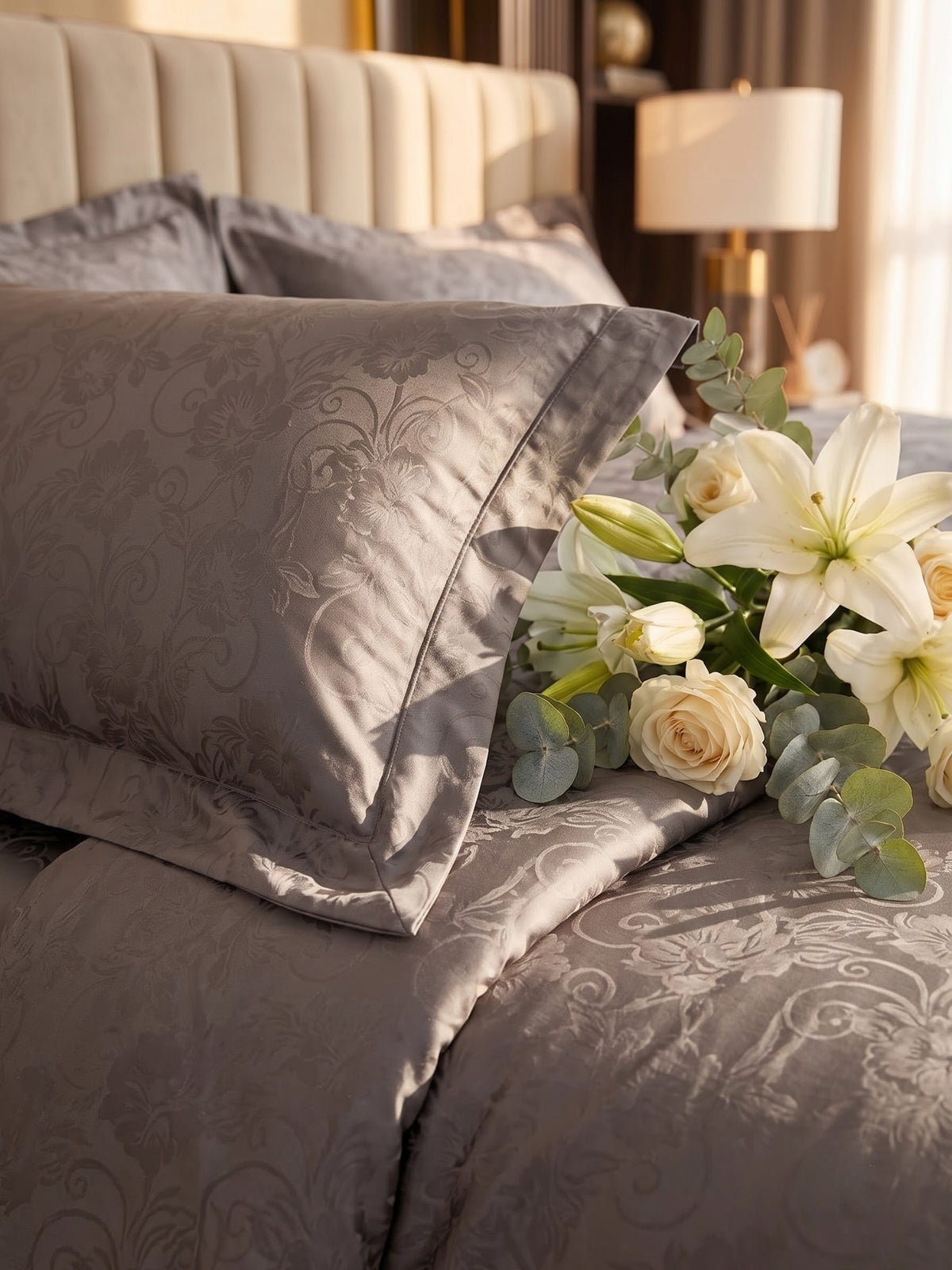 Signature 100% Cotton Luxury King Size Bedsheet | 300 TC Premium Jacquard Weave | 108 x 108 Inches|Smoke Grey