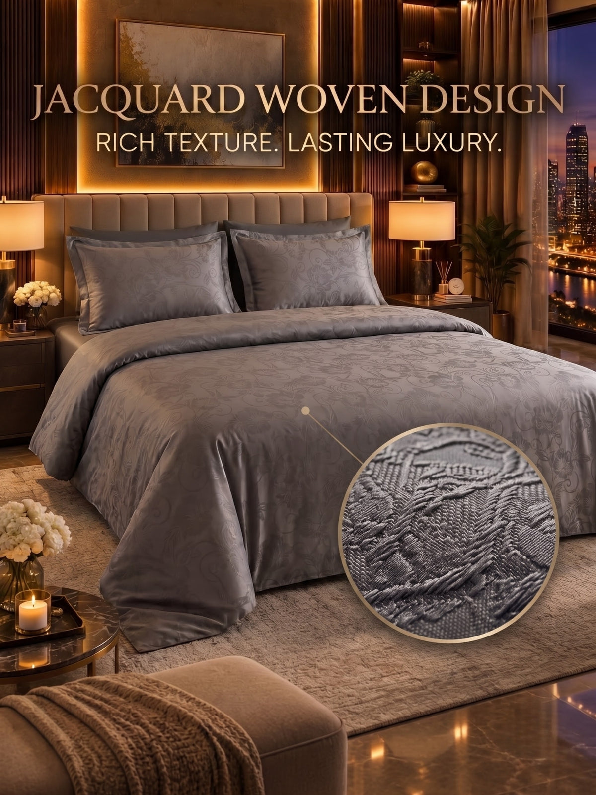 Signature 100% Cotton Luxury King Size Bedsheet | 300 TC Premium Jacquard Weave | 108 x 108 Inches|Smoke Grey
