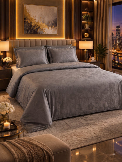 Signature 100% Cotton Luxury King Size Bedsheet | 300 TC Premium Jacquard Weave | 108 x 108 Inches|Smoke Grey