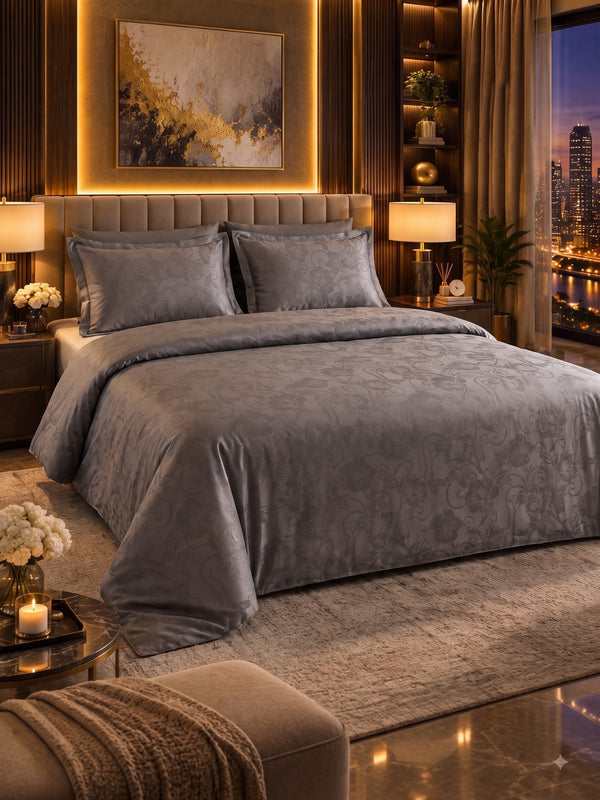 Signature 100% Cotton Luxury King Size Bedsheet | 300 TC Premium Jacquard Weave | 108 x 108 Inches|Smoke Grey